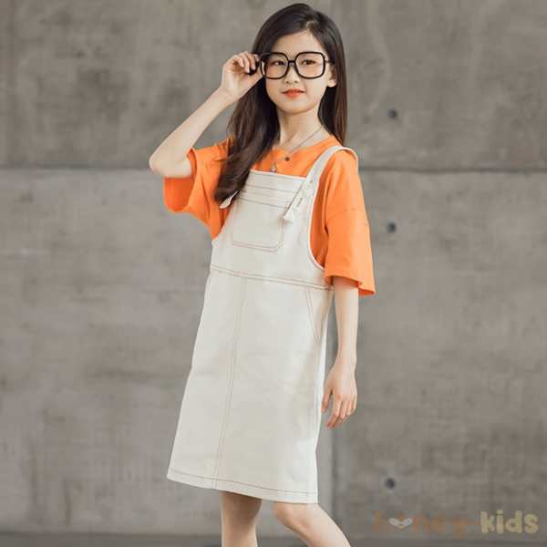 オレンジ/Tシャツ+ホワイト/サスペンダースカート