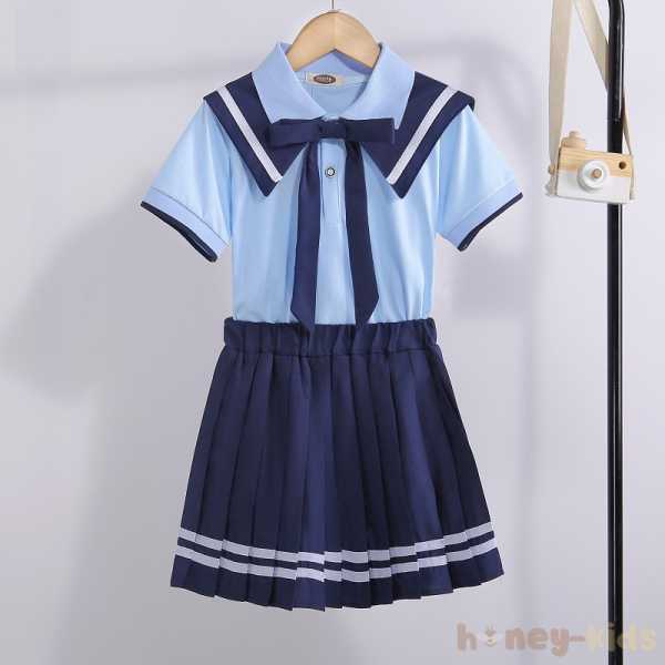 ライトブルー/シャツ/半袖+ネイビー/スカート