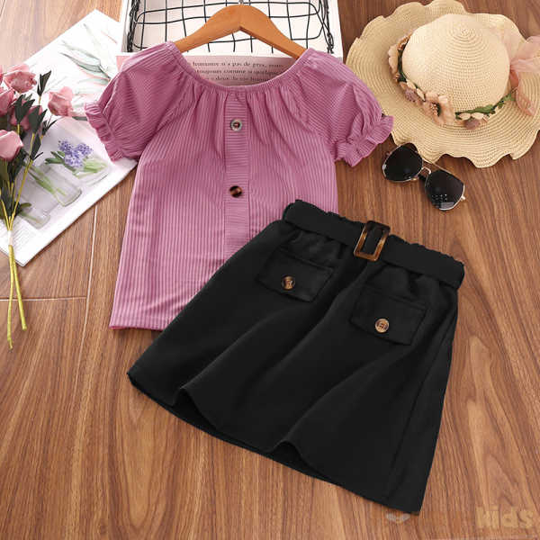 ピンク/Tシャツ+ブラック/スカート