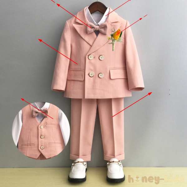 ピンク（ヘリンボーン）/（スーツ+ベスト+パンツ+コサージュ+蝶ネクタイ）+ホワイト/シャツ