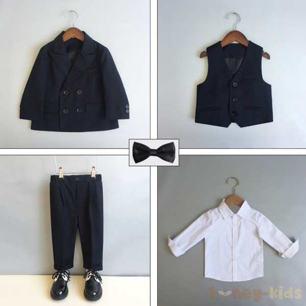 ブラック（スーツ+ベスト+パンツ+コサージュ+蝶ネクタイ）+ホワイト/シャツ